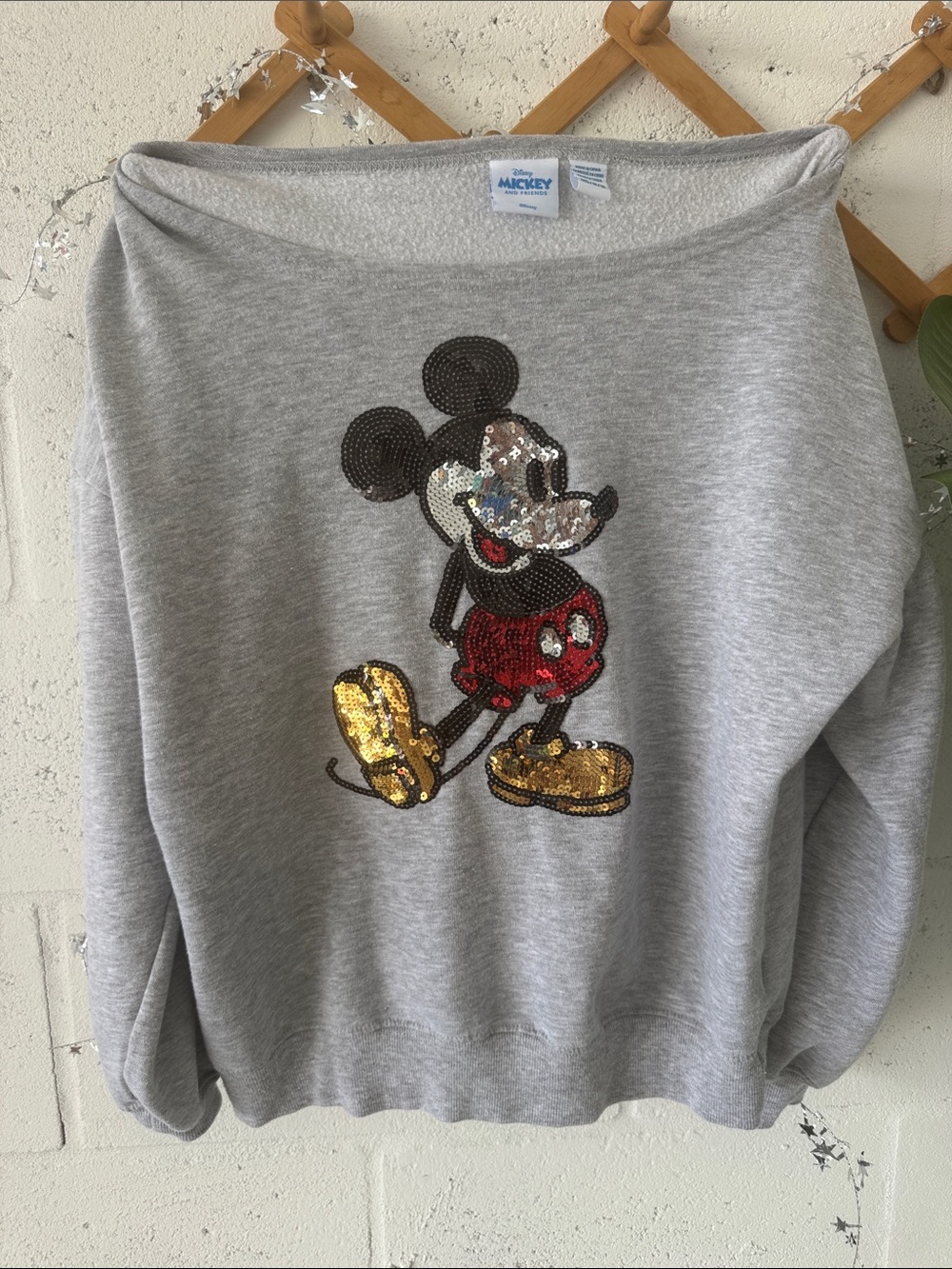Disney Mickey Mouse Sequin Graphic Grey off shoulder Sweatshirt